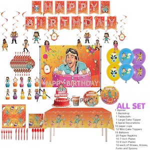 May include: A birthday party supply set featuring a banner with the text HAPPY BIRTHDAY, a backdrop with a cartoon character on a cake, a tablecloth, balloons, plates, cups, napkins, straws, cutlery, and cake toppers with various character designs.
