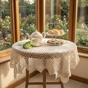 Könnte beinhalten: Ein runder Holztisch mit einer cremefarbenen Spitzendecke, gedeckt für Tee. Eine Teekanne mit Blumenmuster und eine Tasse stehen neben einem zweistöckigen Servierständer mit Scones und Macarons. Der Tisch steht an einem Fenster mit Blick auf einen Garten.