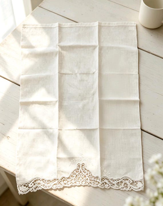 Vintage 1980s French Linen Napkin, Hand Embroidery Lace Doily, Antique Table Decor, Elegant Heirloom Gift for Wedding & Home
