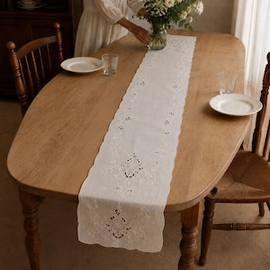Peut inclure: Un long chemin de table rectangulaire blanc orné de broderies ajourées complexes et de bords festonnés. Le tissu présente un motif floral répétitif avec des détails de couture délicats, centrés sur toute la longueur du chemin.