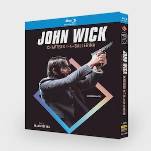 Puede incluir: Un set de discos Blu-ray de la película de acción "John Wick: Chapters 1-4 + Ballerina". La portada presenta un fondo oscuro con el título de la película y una foto de Keanu Reeves sosteniendo un arma. El set incluye 4 discos y está en resolución 1080.