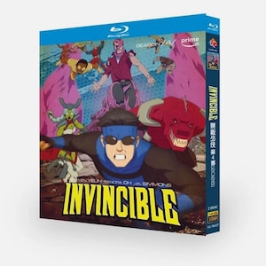 Könnte beinhalten: Blu-ray-Disc-Hülle für die Zeichentrickserie "Invincible: Staffel 4". Das Cover zeigt eine dynamische Illustration mehrerer Charaktere in Aktion, mit dem Titel in großen gelben Buchstaben. Die Hülle ist blau mit dem "Blu-ray Disc"-Logo.