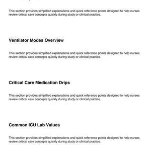 May include: A white document titled "Inside the Critical Care Nursing Study Bundle." Sections include "ABG Interpretation Quick Guide," "Ventilator Modes Overview," "Critical Care Medication Drips," and "Common ICU Lab Values."