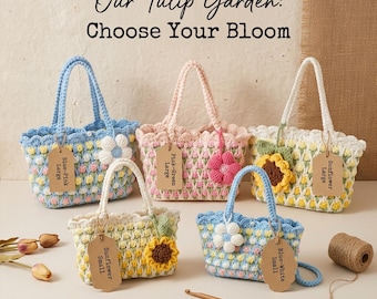 Bolso de ganchillo hecho a mano con forma de tulipán / Bolso bandolera floral para mujer / Bolso tipo cubo estilo cottagecore con correa de cuero / Regalo bohemio de verano para el Día de la Madre