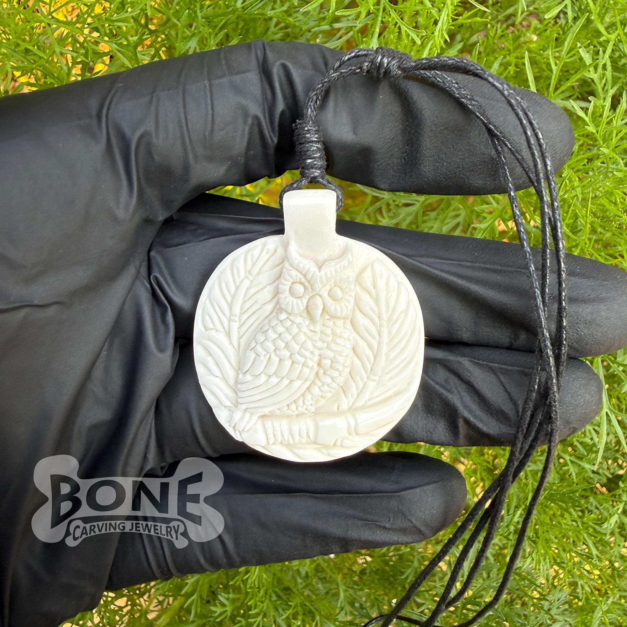 Hand Carved Owl Necklace, Handmade Nature Bone Pendant, Bone Carving Jewelry