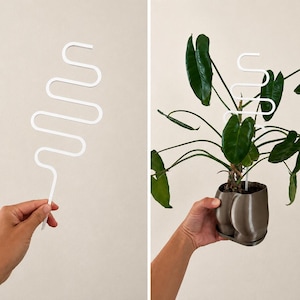 May include: A white, serpentine-shaped plant trellis with a single straight stem at the base. The trellis is shown as a standalone object and inserted into a dark gray, rounded planter containing a green leafy plant with long, pointed foliage.
