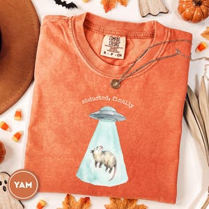 May include: A burnt orange short-sleeve t-shirt featuring a graphic of a gray opossum being lifted by a light blue UFO beam. The text above the graphic reads "abducted, finally" in white lettering. The shirt has a Comfort Colors brand label.
