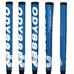 May include: Five blue golf putter grips with white "ODYSSEY" text and logo. The grips have a textured surface and black end caps. One grip features "STROKE LAB - TEMPO ENHANCING DESIGN" text.