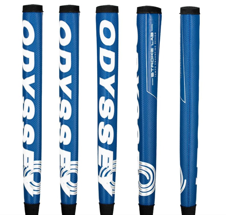 May include: Five blue golf putter grips with white "ODYSSEY" text and logo. The grips have a textured surface and black end caps. One grip features "STROKE LAB - TEMPO ENHANCING DESIGN" text.