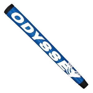May include: A blue golf putter grip with the word "ODYSSEY" in large white letters. The grip has a textured surface and black end caps. The Odyssey logo is visible at the end of the grip.