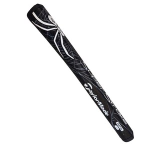 Puede incluir: Empu&ntilde;adura de palo de golf negra con un dise&ntilde;o de telara&ntilde;a blanca y las palabras "TaylorMade SuperStroke" en blanco. La empu&ntilde;adura es un modelo Pistol.
