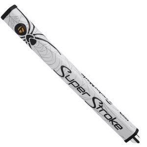 Pu&ograve; includere: Impugnatura per putter da golf bianca con un design a ragno e ragnatela nero. L'impugnatura presenta la scritta "Super Stroke" in nero. L'impugnatura &egrave; angolata diagonalmente dall'alto a sinistra verso il basso a destra.