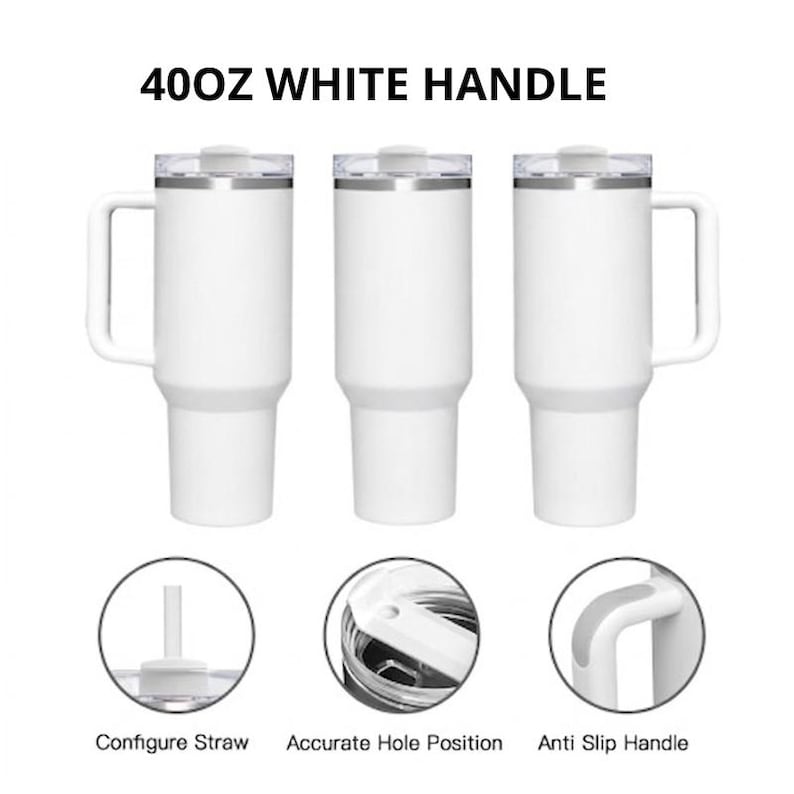 K&ouml;nnte beinhalten: Drei wei&szlig;e isolierte Becher mit transparenten Deckeln und Griffen. Der Text "400OZ WHITE HANDLE" steht oben. Zus&auml;tzliche Bilder zeigen die Strohkonfiguration, die Lochposition und die rutschfesten Griffmerkmale.