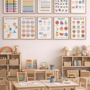 May include: A classroom setting with educational posters on the wall, including colors, days of the week, numbers, and shapes. The room features wooden tables, chairs, and shelves filled with toys and books.