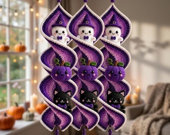 Crochet Halloween Wind Spinner Pattern, Ghost Pumpkin Cat Spiral Trio PDF Tutorial, Spooky Amigurumi Craft