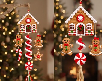 Gingerbread Wind Spinner Crochet Pattern PDF: Christmas Hanging Decor with House & Amigurumi Charms