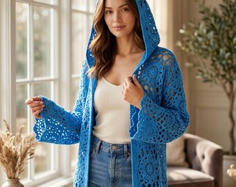 Boho Granny Square Cardigan Crochet Pattern - Hooded Lace Sweater Digital PDF - Women's Cozy DIY Fashion