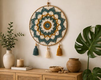 Geometric Mandala Crochet Wall Hanging | Boho Tassel Hoop Art (PDF Pattern)