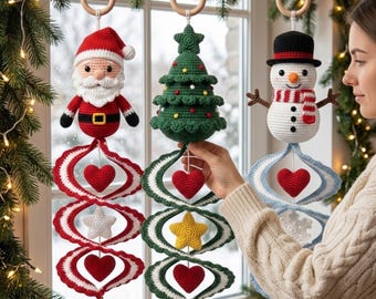 Crochet Christmas Wind Spinner Pattern Set, Santa Tree Snowman Spiral Trio PDF Tutorial, Holiday Amigurumi Craft