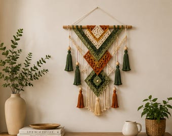 Crochet Wall Hanging Pattern PDF | Geometric Diamond Boho Tapestry, Beginner Tassel Decor Download