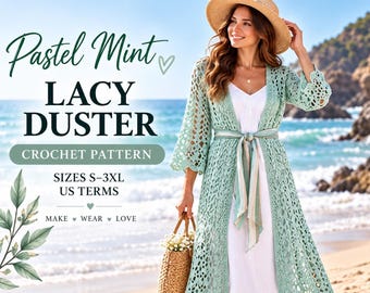 Crochet Duster Cardigan Pattern PDF | Lace Raglan Cardigan, Sizes S-3XL | Oversized Boho Open Front Sweater, Plus Size Crochet