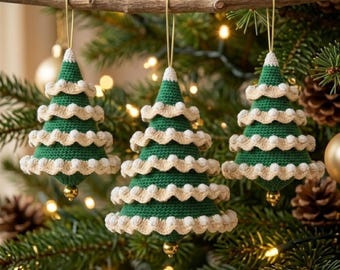 Crochet Tapered Spiral Christmas Tree Pattern PDF | Bobble Tier Cone Ornament, 3 Colorways, Gold Bead