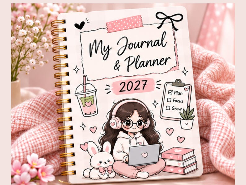 2027 Kawaii Planner Cover Template, Editable Canva Journal Cover, Cute ...