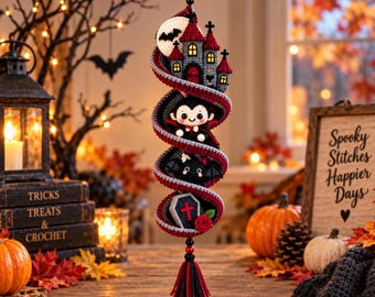 Halloween Haunted House Crochet Pattern PDF | Vampire Bat Gothic Wind Spinner | Spooky Spiral Hanging Decor Download