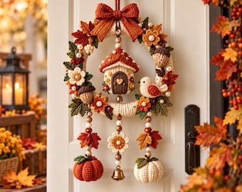 Crochet Fall Wreath Pattern PDF | Woodland Cottage Front Door Wreath, Pumpkin & Autumn Leaves, Farmhouse Cottagecore Decor
