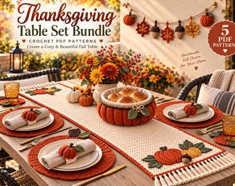 Thanksgiving Crochet Pattern Bundle PDF | Fall Table Runner, Pumpkin Basket, Placemat & Coaster, Napkin Rings, Harvest Garland Set