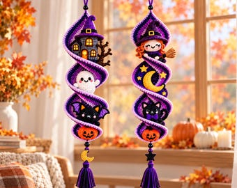 Halloween Crochet Wind Spinner Bundle | Haunted House & Witch Spiral Decor (PDF Pattern)