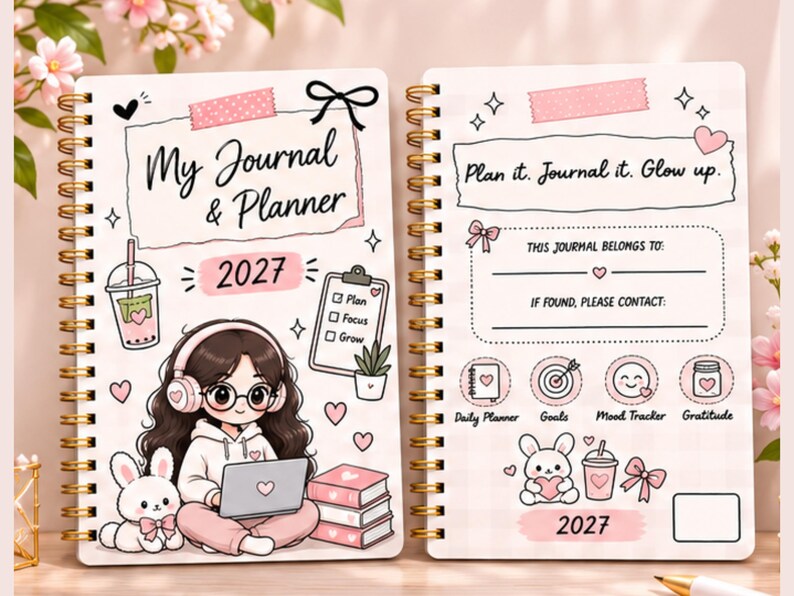 2027 Kawaii Planner Cover Template, Editable Canva Journal Cover, Cute ...
