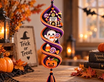 Halloween Crochet Wind Spinner Pattern PDF | Ghost Pumpkin Candy Shop Spiral Decor | Spooky Hanging Amigurumi Download