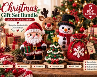 Christmas Amigurumi Crochet Pattern Bundle PDF | Santa, Reindeer, Snowman, Tree & Gift Pouch | 5 Holiday Crochet Patterns