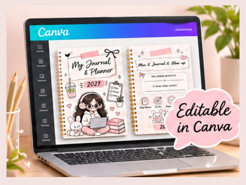 2027 Kawaii Planner Cover Template, Editable Canva Journal Cover, Cute ...