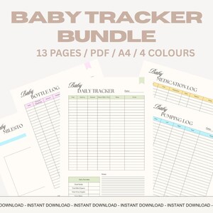 May include: A bundle of printable baby trackers with the text "BABY TRACKER BUNDLE" and "13 PAGES / PDF / A4 / 4 COLOURS". Includes logs for bottle feeding, daily tracking, medication, and pumping. The pages are in pastel colors.