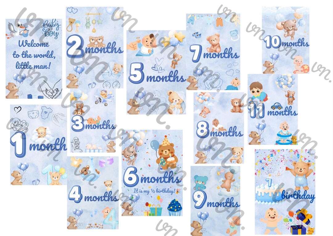Month Cards Baby Boy Watercolor Months Cards From 0 to 12 - Etsy