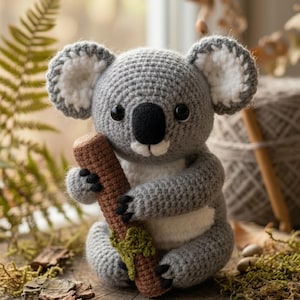 May include: A handmade crochet koala bear in shades of gray, white, and black, clutching a brown branch with green accents. The koala has large, round eyes and is sitting on a wooden surface. A charming, soft toy.