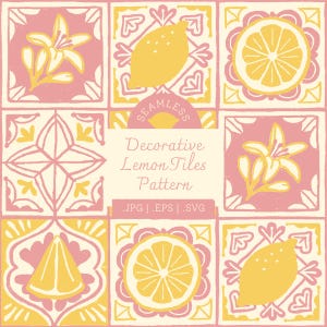 May include: A seamless decorative pattern of lemon tiles in yellow, pink, and cream. The design includes lemons, lemon slices, and floral elements. The text reads "Decorative Lemon Tiles Pattern" with file type indicators .JPG, .EPS, and .SVG.