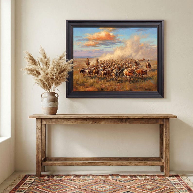 Vintage Cattle Drive Painting, Old West Longhorn Herd, Cowboy Roundup ...