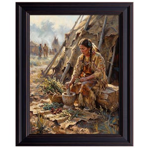 May include: Framed painting depicting a Native American woman grinding herbs. She is seated near a teepee, wearing traditional clothing. A mortar and pestle are in use, with baskets and plants nearby. The artwork is framed in a dark wood.