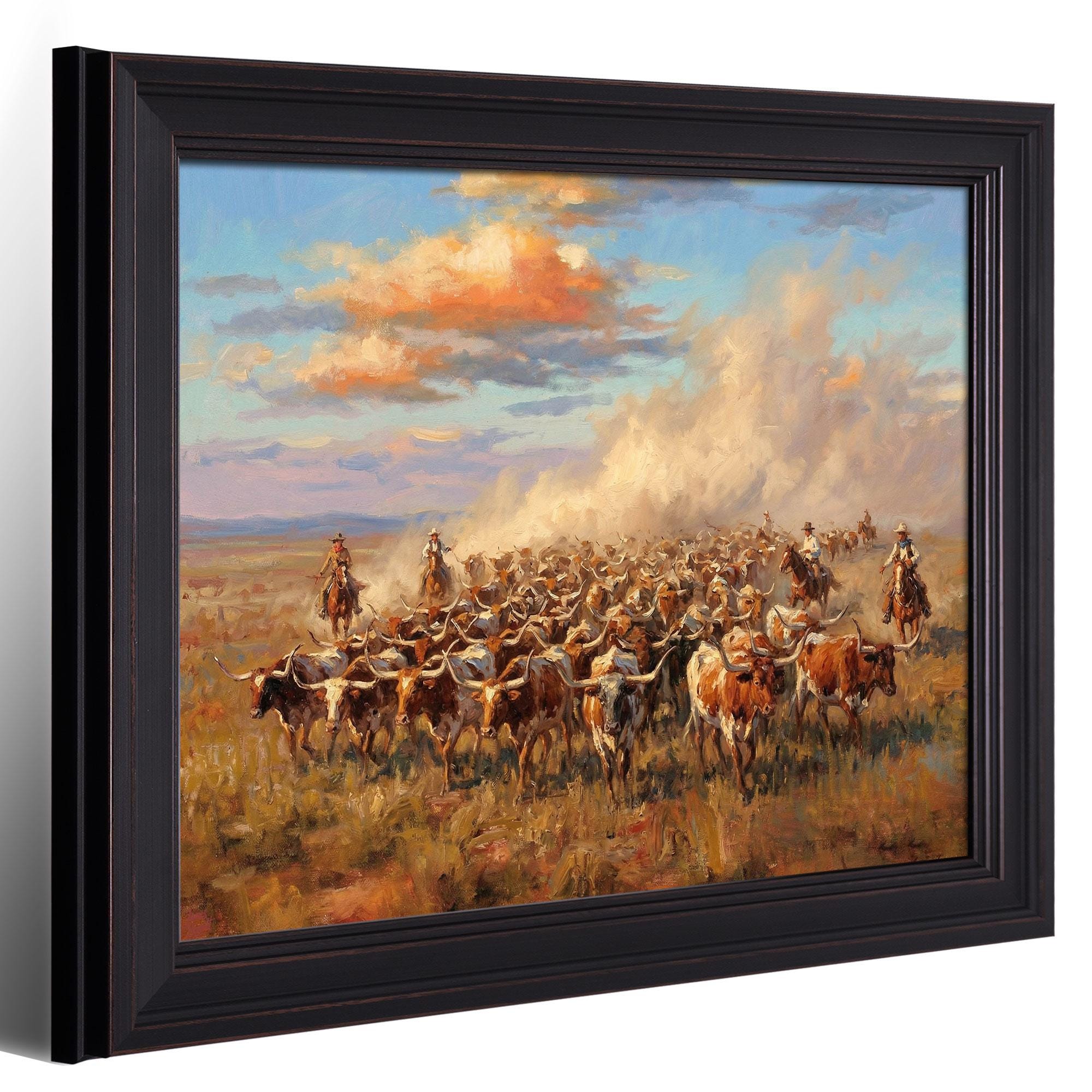 Vintage Cattle Drive Painting, Old West Longhorn Herd, Cowboy Roundup ...