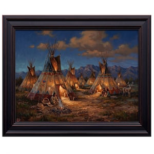 May include: A framed painting depicts a Native American village at dusk. Several illuminated teepees are arranged in a circle, with figures gathered around a campfire. Mountains and a deer are visible in the background.