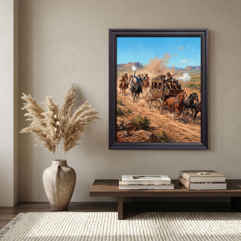 Vintage Stagecoach Gunfight Canvas Print, Old West Cowboy Horseback Art ...