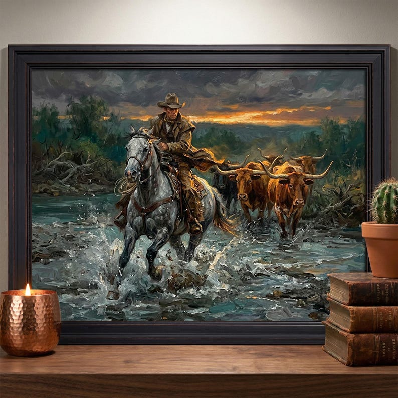 Cowboy Herding Longhorns Across River Wall Art, Western Cattle Drive ...