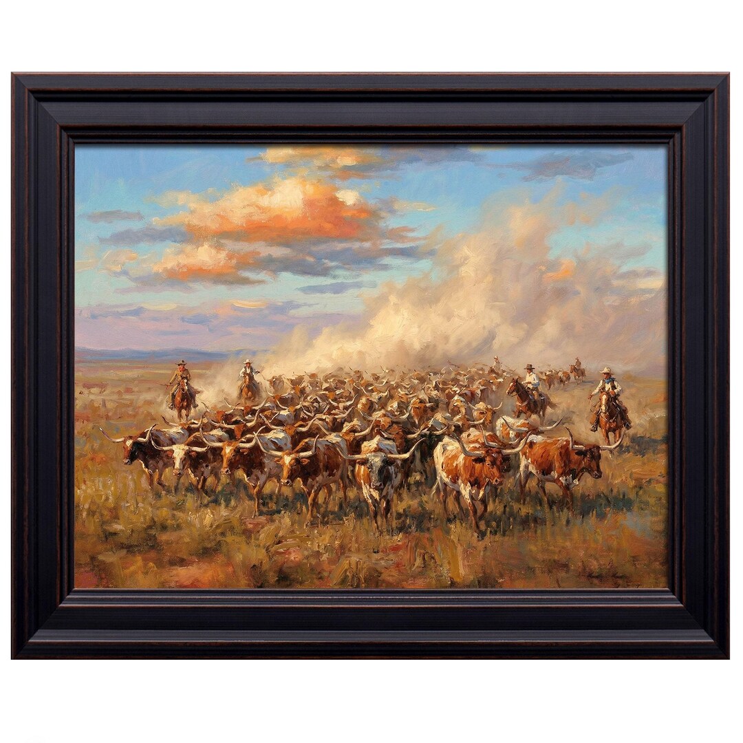Vintage Cattle Drive Painting, Old West Longhorn Herd, Cowboy Roundup ...