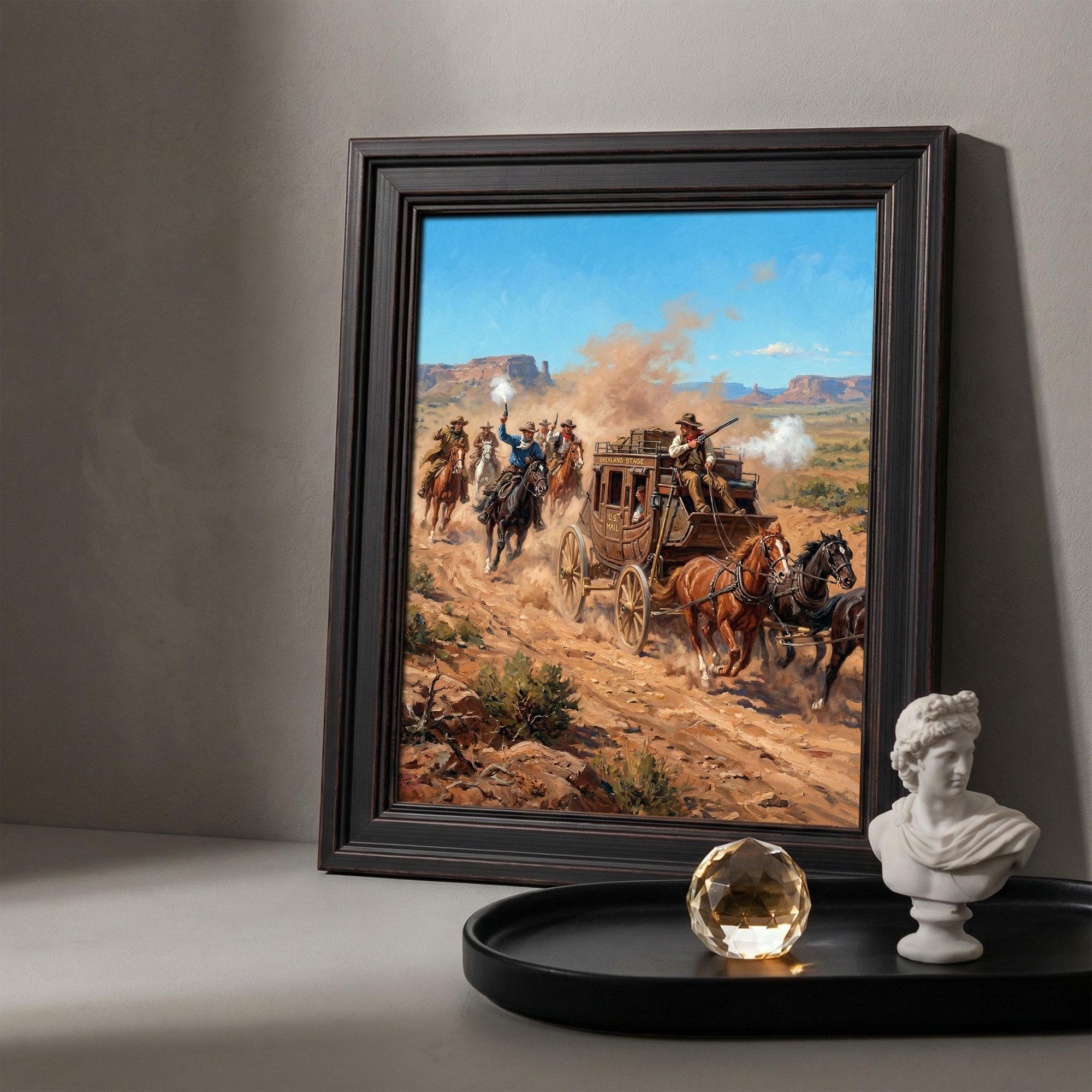 Vintage Stagecoach Gunfight Canvas Print, Old West Cowboy Horseback Art ...