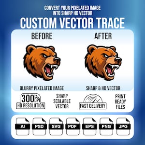 May include: A graphic showing a custom vector trace service with the text CONVERT YOUR PIXELATED IMAGE INTO SHARP HD VECTOR. It displays a blurry bear head logo labelled BEFORE and a sharp, high-definition version labelled AFTER, with file icons.