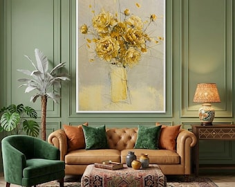 Original hand-painted oil painting of Yellow Chrysanthemums in Glass Vase 50*70cm