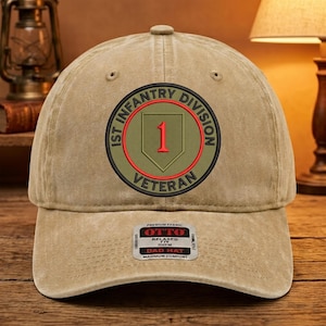America 250th 1st Infantry Hat, Big Red One Veteran Patch Embroidered Cap, Army Vet Gift, Vintage Khaki Dad Hat